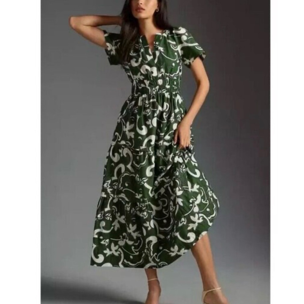 Anthropologie Somerset Forest Green and Cream Patterned Maxi Dress